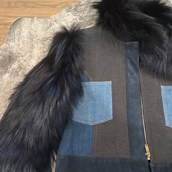 SONIA RYKIEL PARIS FOX FUR & Denim Leather Suede Patchwork Cropped Jacket - Picture 10 of 12